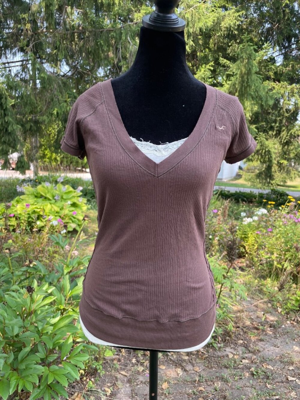 Vintage Y2K Hollister Top V Neck Sheer Brown Short Sleeve L Elena Bella Swan